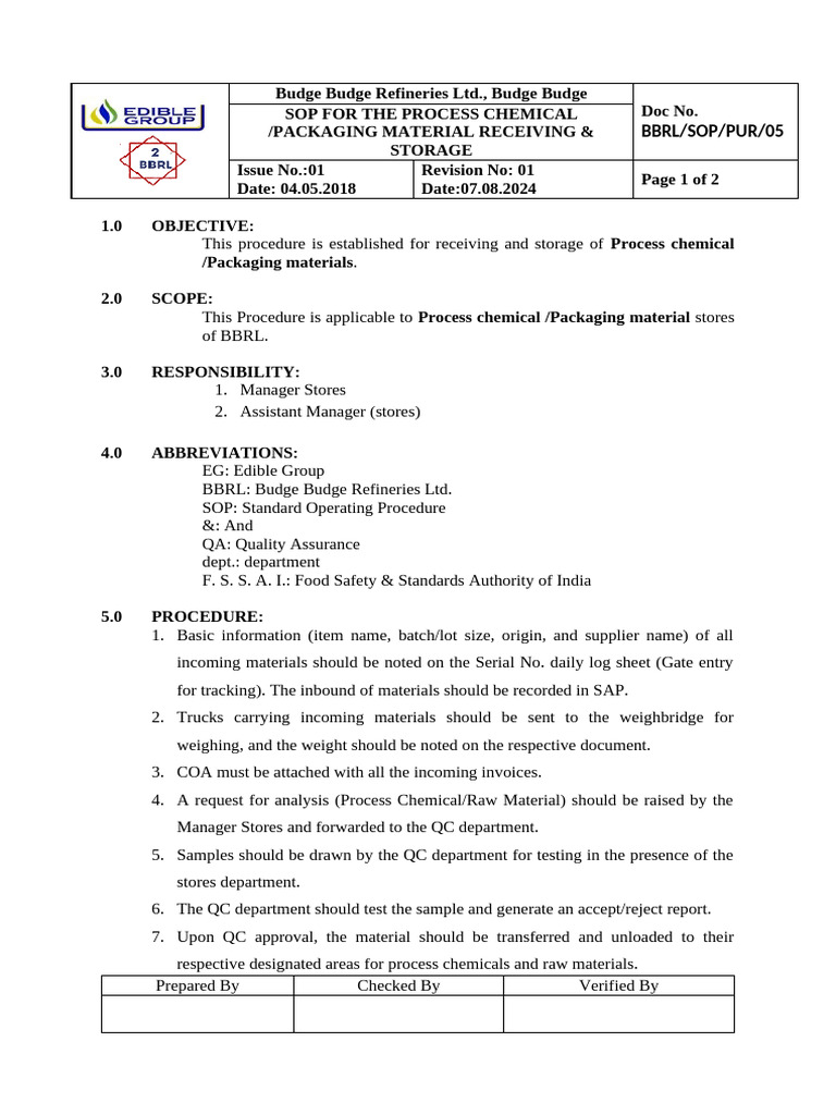 SOP For Receive of Process Chemical and Packing Material | PDF