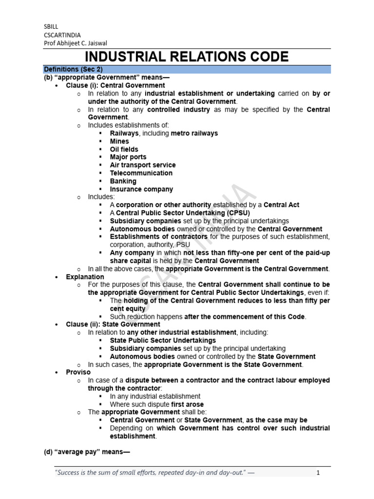 Sbill Industrial Relations Code | PDF | Employment | Wage