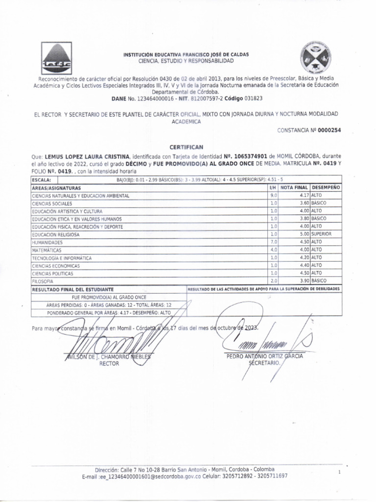 Certificado Notas Penultimo Grado | PDF