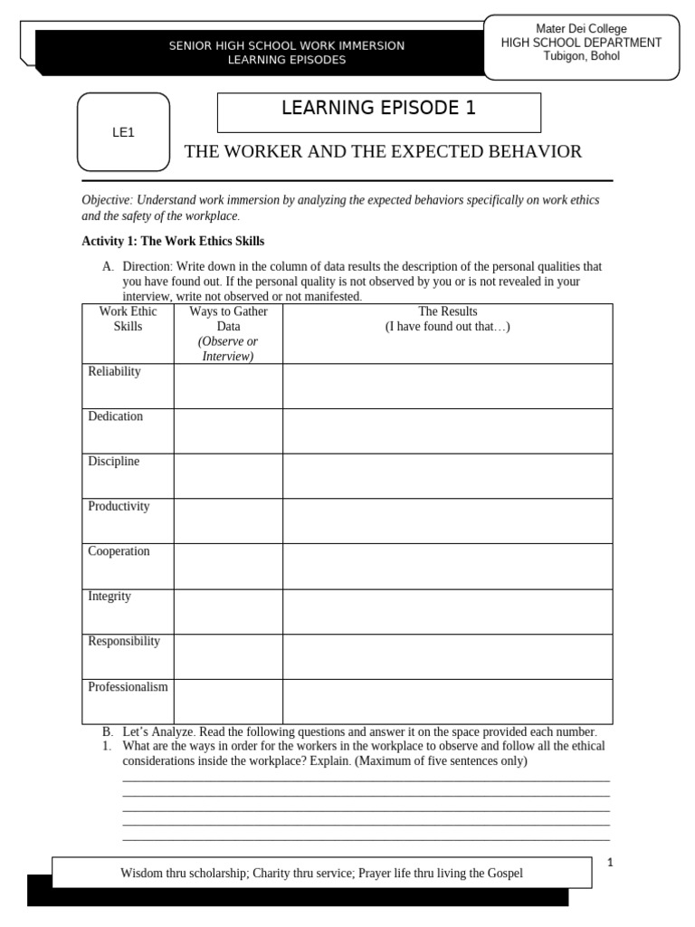 Learning Episode 1 Worker and the Expected Behavior A | PDF ...