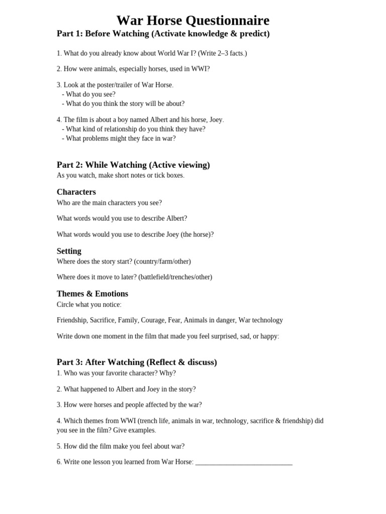 War Horse Questionnaire | PDF