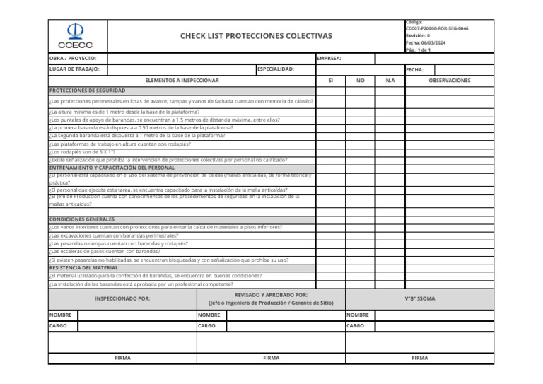 CCC07-P20000-For-SEG-0046 Check List de Protecciones Colectivas | PDF