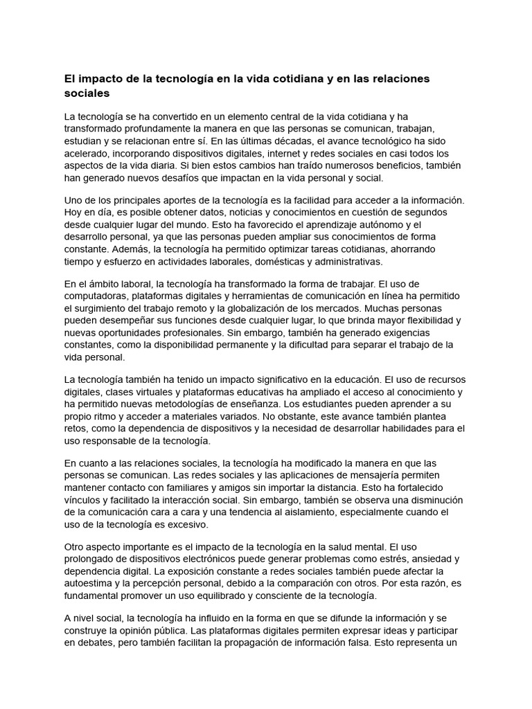 El Impacto de La Tecnología en La Vida Cotidiana y en Las Relaciones ...