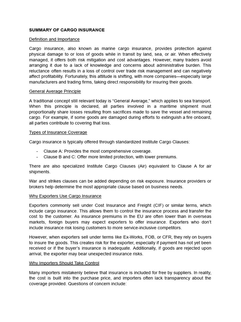 Summary of Cargo Insurance | PDF | Insurance | Cargo
