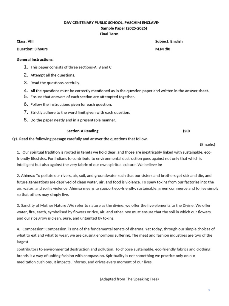 CBP Sample Paper 25-26 Class 8 | PDF | Flood | Hazards