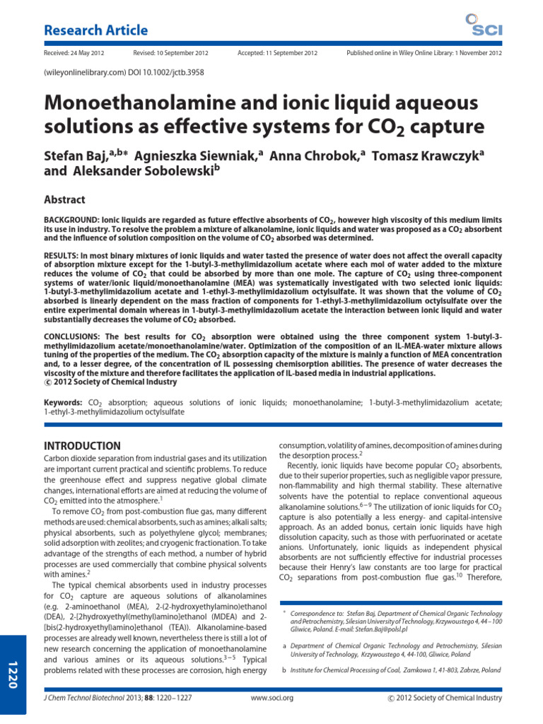 2012 Monoethanolamine and Ionic Liquid Aqueous Solutions As Effective ...