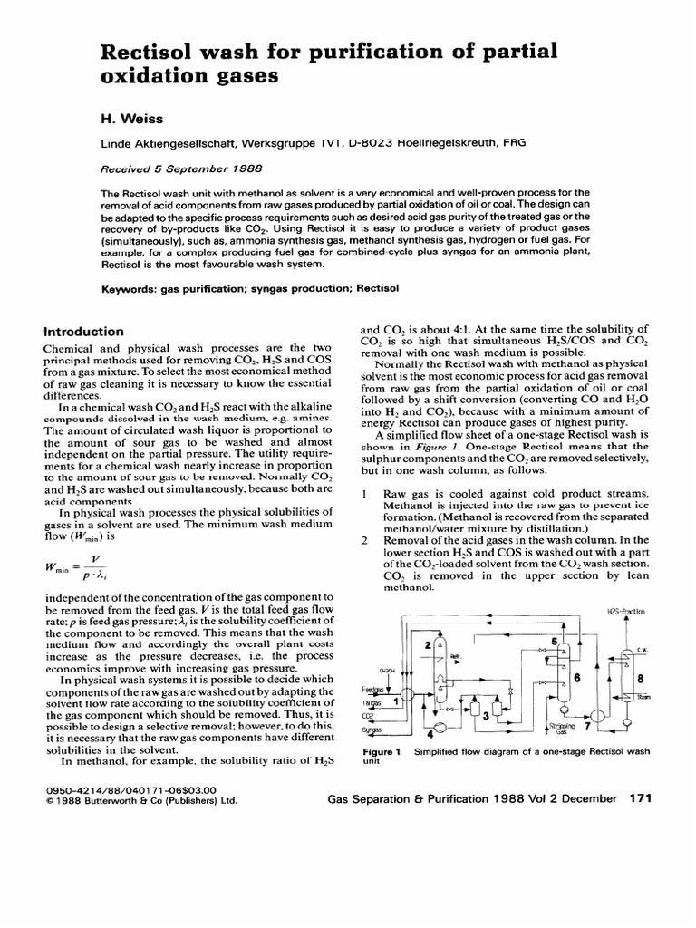 1988 Rectisol Wash For Purification of Partial Oxidation Gases | PDF ...