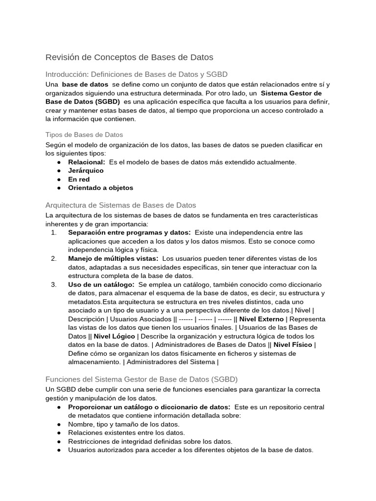Revisión de Conceptos de Bases de Datos | PDF | Bases de datos | SQL