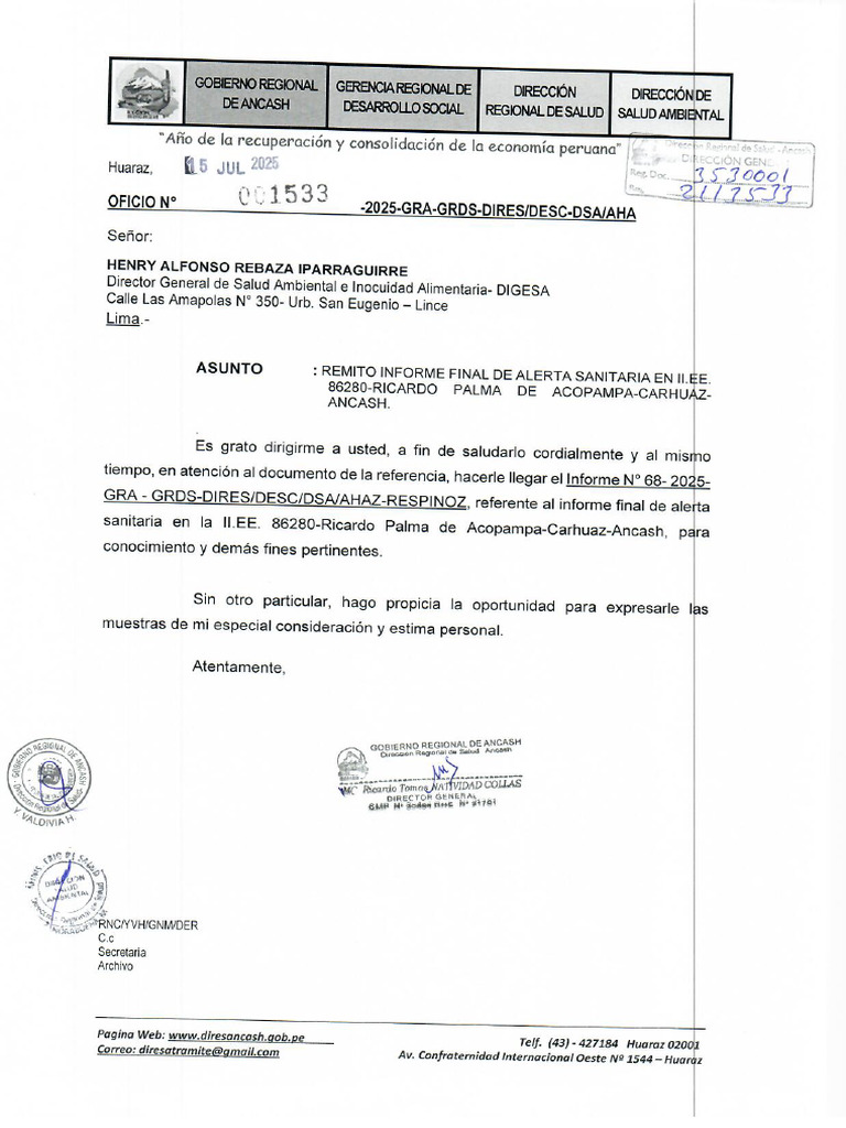 30. OFICIO N 001533-2025-GRA-GRDS-DIRES-DESC-DSA-AHA-15.07.25 | PDF