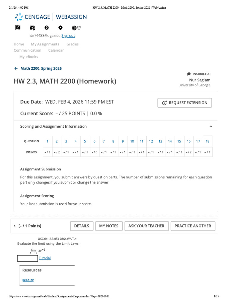 HW 2.3, MATH 2200 - Math 2200, Spring 2026 - WebAssign | PDF | Mathematics