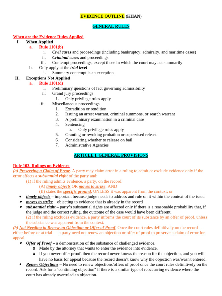 Evidence Final Outline (KHAN) | PDF | Relevance (Law) | Plea