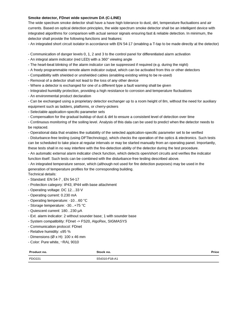 FDO221 Specification Text | PDF | Sensor | Smoke