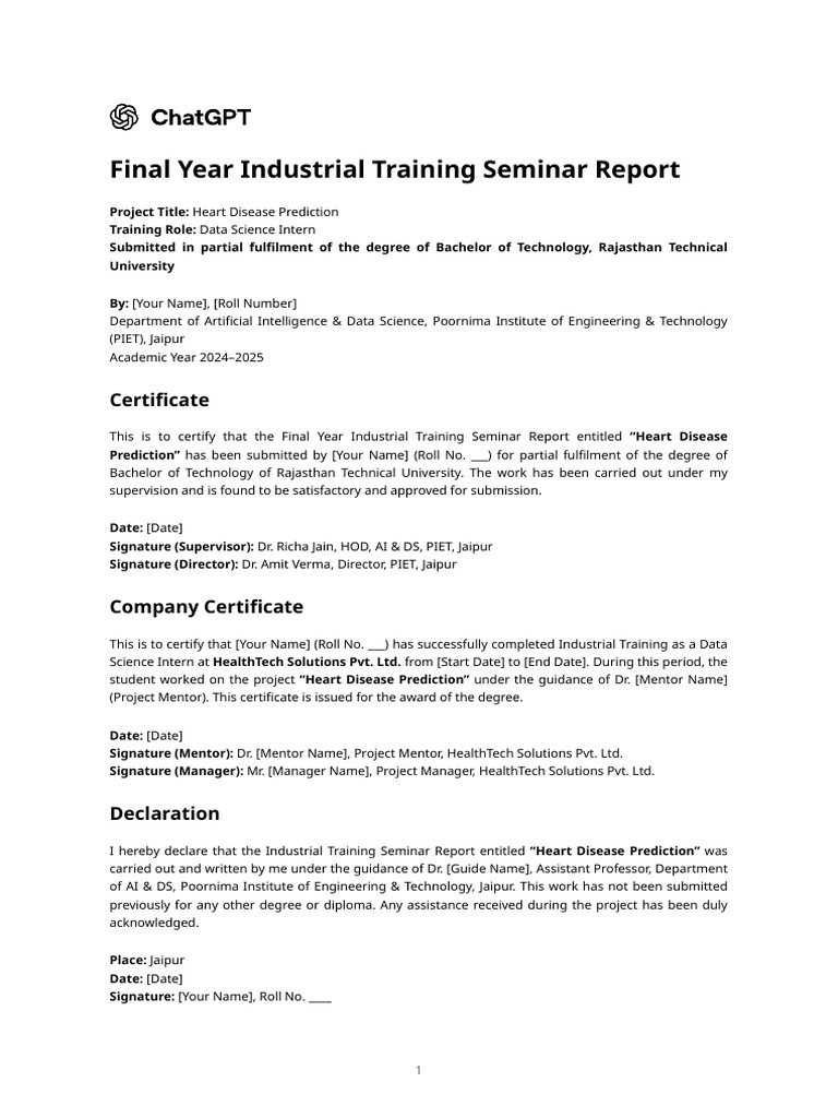 Final Year Industrial Training Seminar Report | PDF | Machine Learning ...