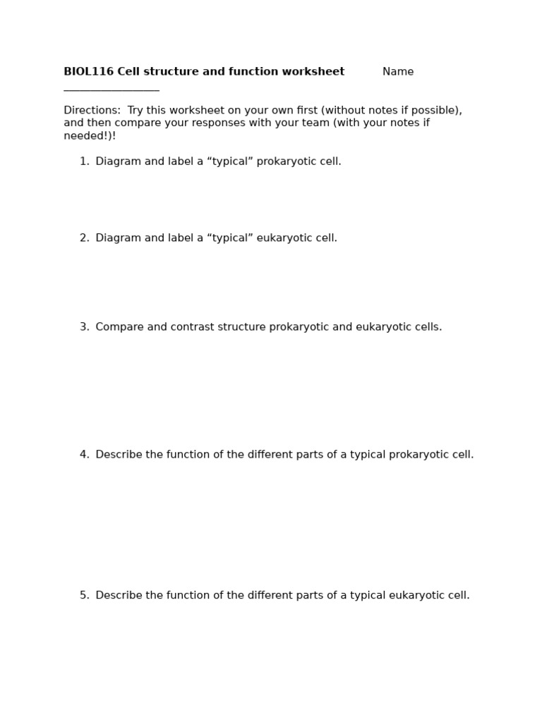 BIOL116 Cell Structure and Function WorksheetName | PDF
