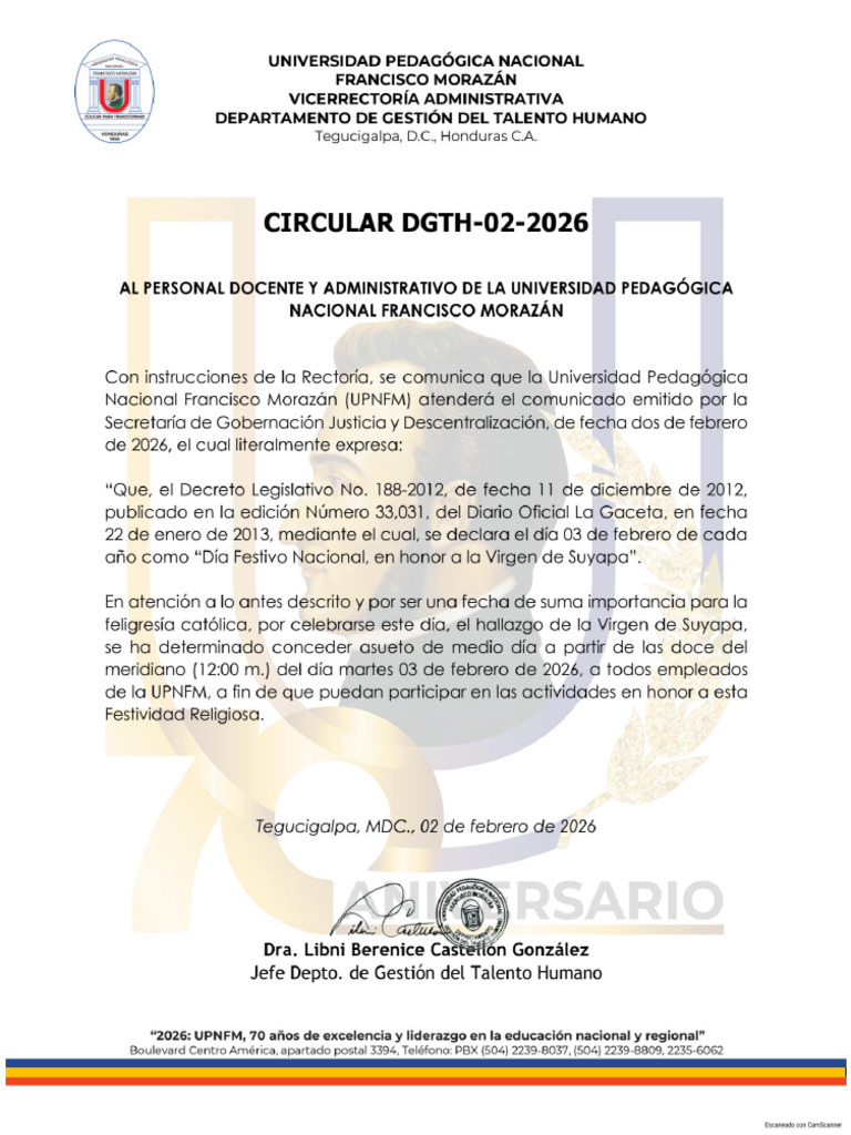 Circular DGTH-002-2026 - Asueto Día de La Virgen de Suyapa | PDF