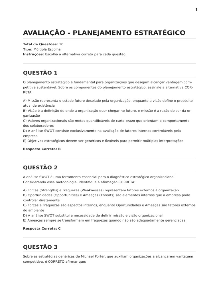 01 Planejamento Estrategico Avaliacao | PDF | Análise SWOT ...