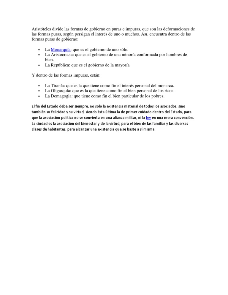 Aristóteles divide las formas de gobierno en puras e impuras