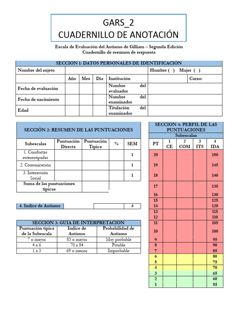 Cuadernillo de Anotación GARS - 2 | PDF | Autismo | Asunto (gramática)