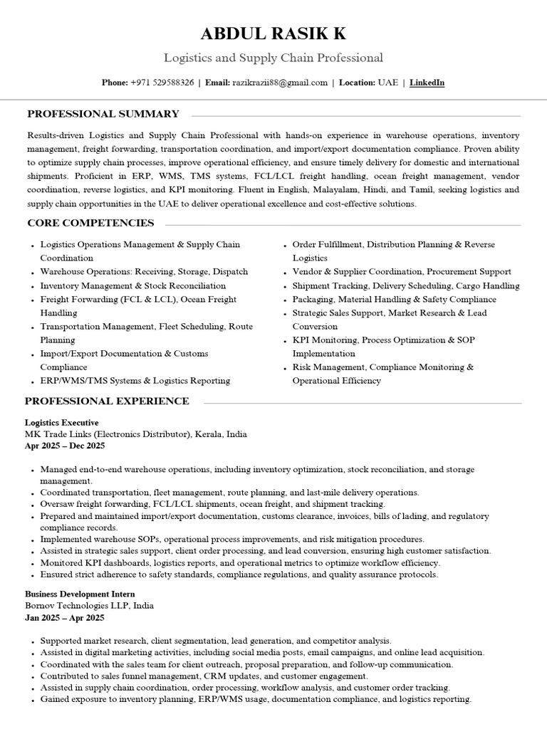 Abdul Rasik k - Ats (2) (1) | PDF | Logistics | Supply Chain Management