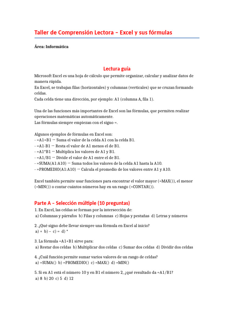 Taller - Comprension - Lectora - Excel Informatica Sexto y Septimo ...