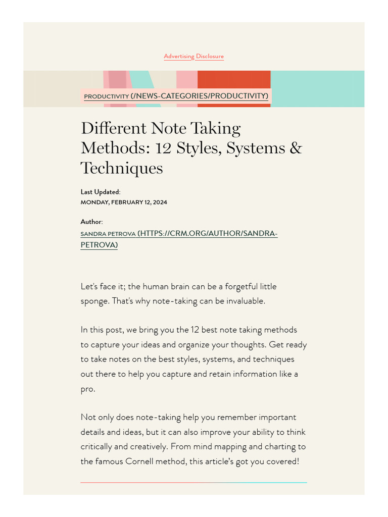 Different Note Taking Methods_ 12 Styles, Systems & Techniques | PDF ...