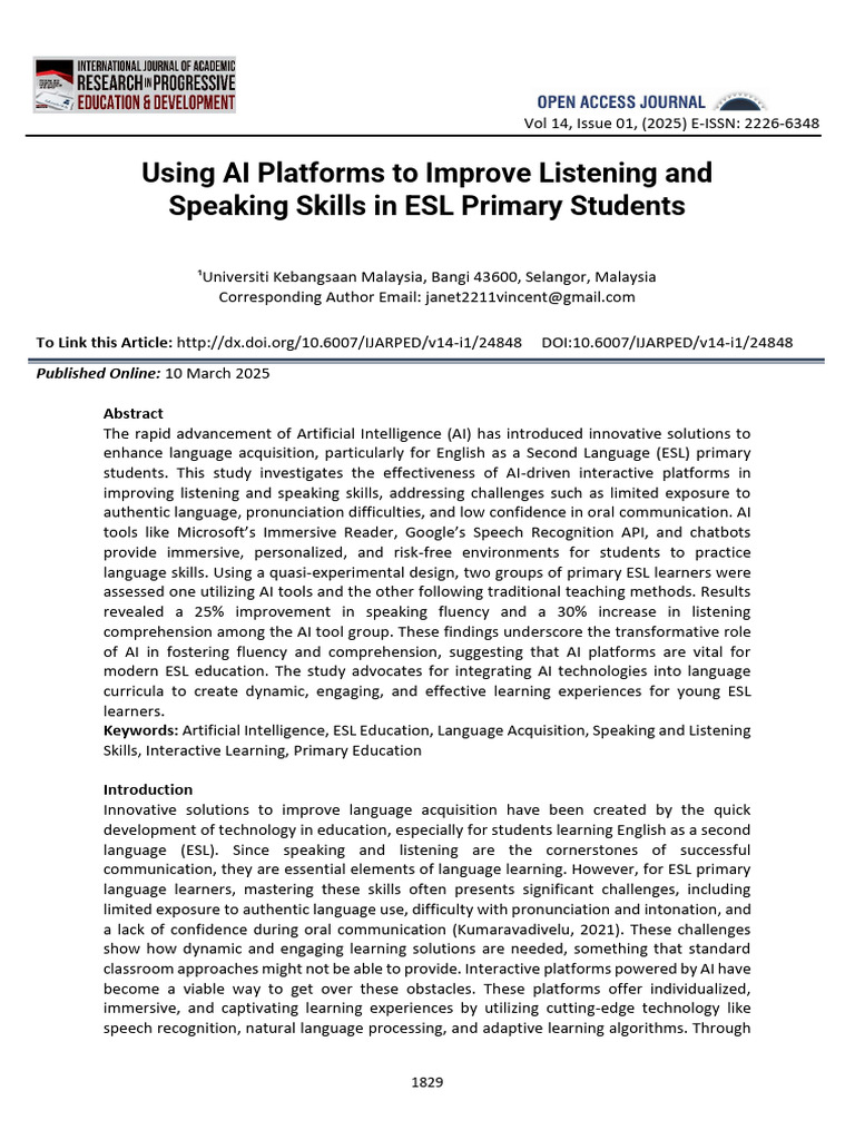 Using Ai Platforms To Improve Listening and Speaking Skills in Esl ...