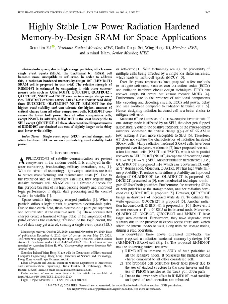 Highly Stable Low Power Radiation Hardened Memory-by-Design SRAM for ...