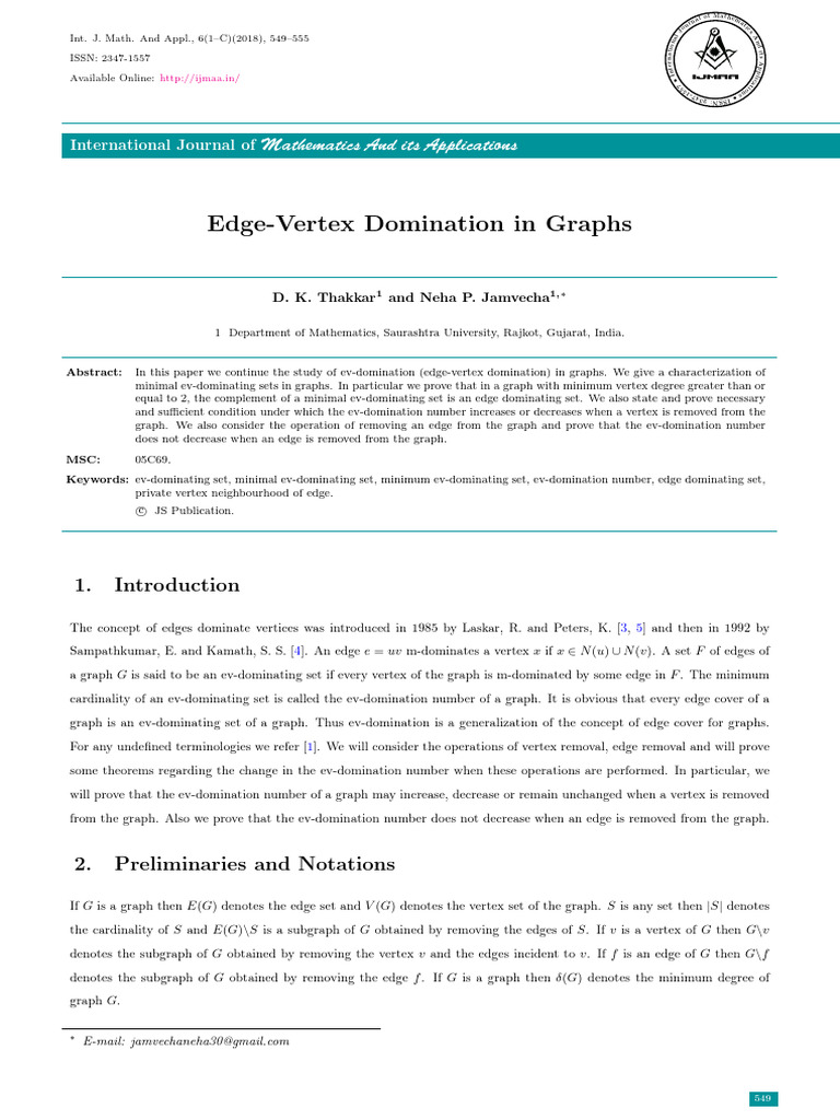 Edge-Vertex Domination in Graphs | PDF | Vertex (Graph Theory ...