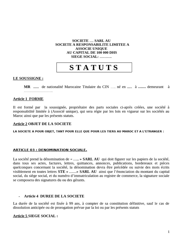 Sarl Au Satut Modele Sarl Au | PDF | Business