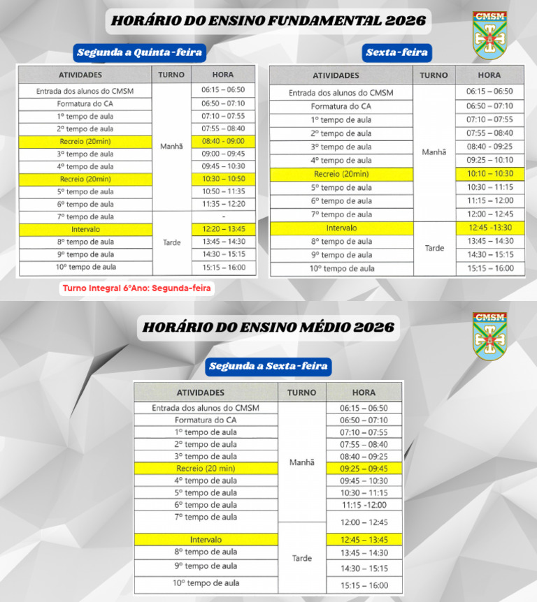Horarios Alunos CMSM 2026 | PDF