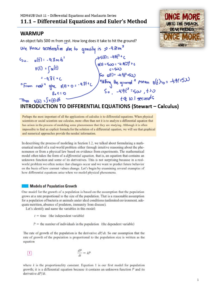 11.1 - Completed - Differential Equations and Euler's Method | PDF ...