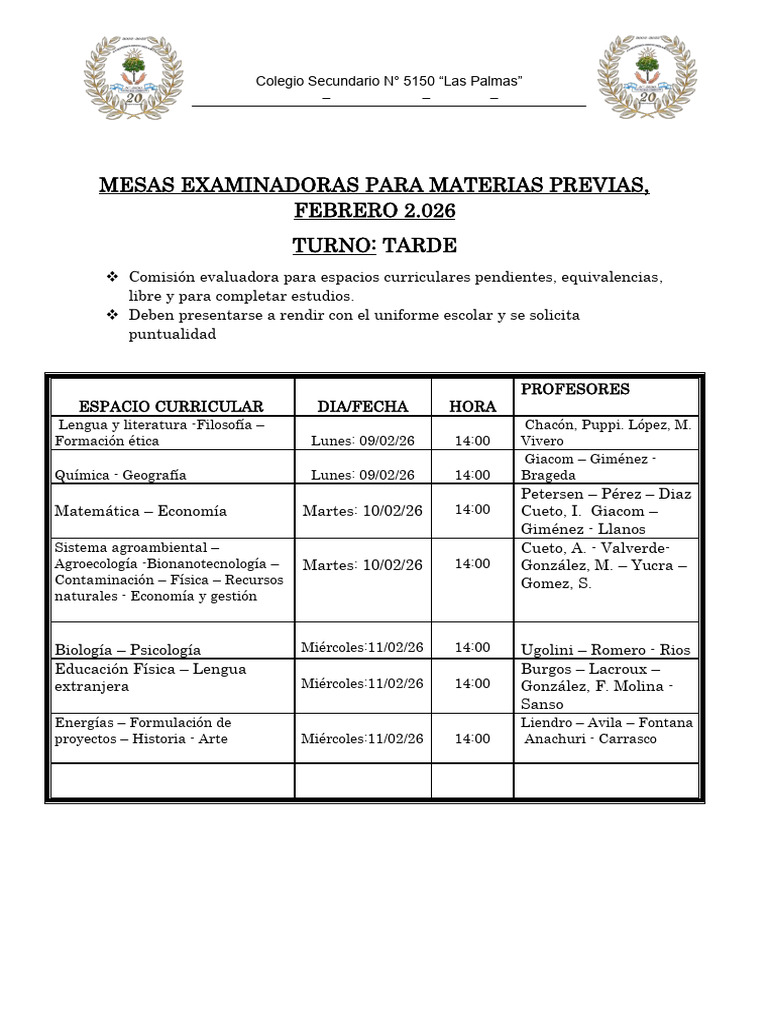 Mesa de Examenes Previa Febrero Turno Tarde 2026 | PDF