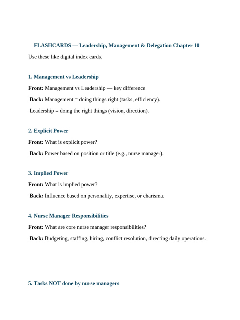 ? FLASHCARDS - Leadership | PDF | Leadership | Infection
