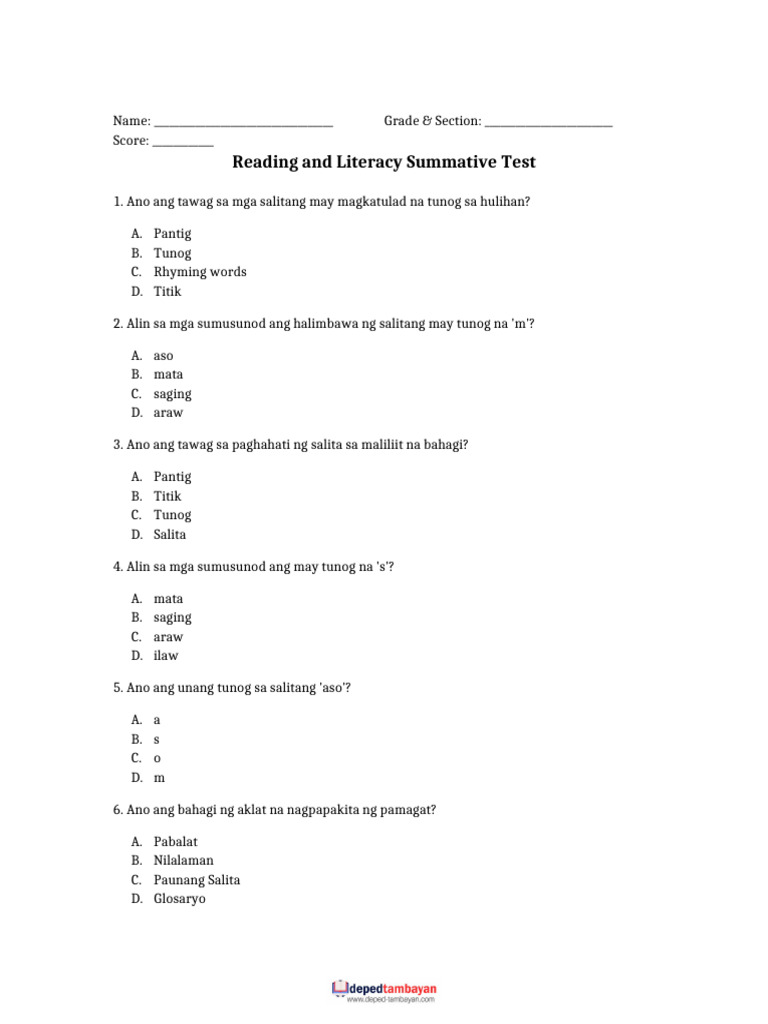 Reading and Literacy - SummativeTest | PDF
