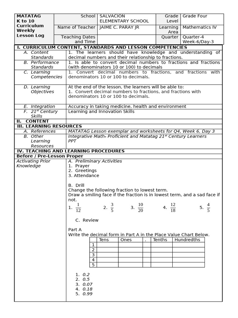 Math 4 For Class Observation For Master Teacher | PDF | Decimal ...