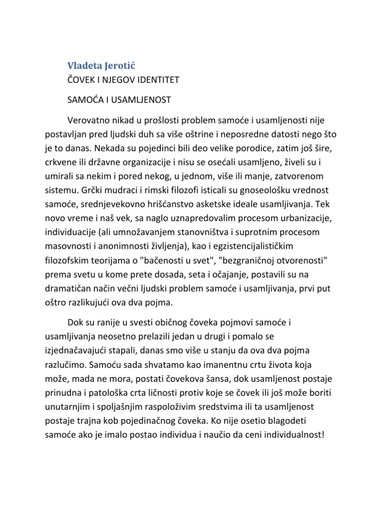 Samoća I Usamljenost | PDF