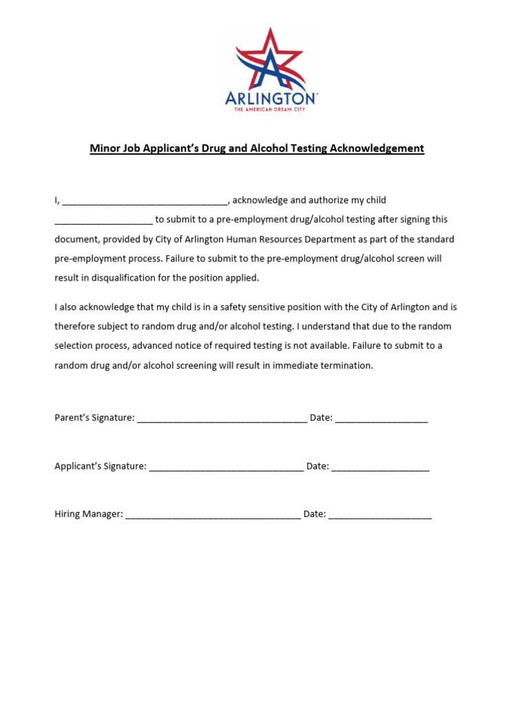 Minor Job Application DA Testing Acknowledgement Fillable | PDF