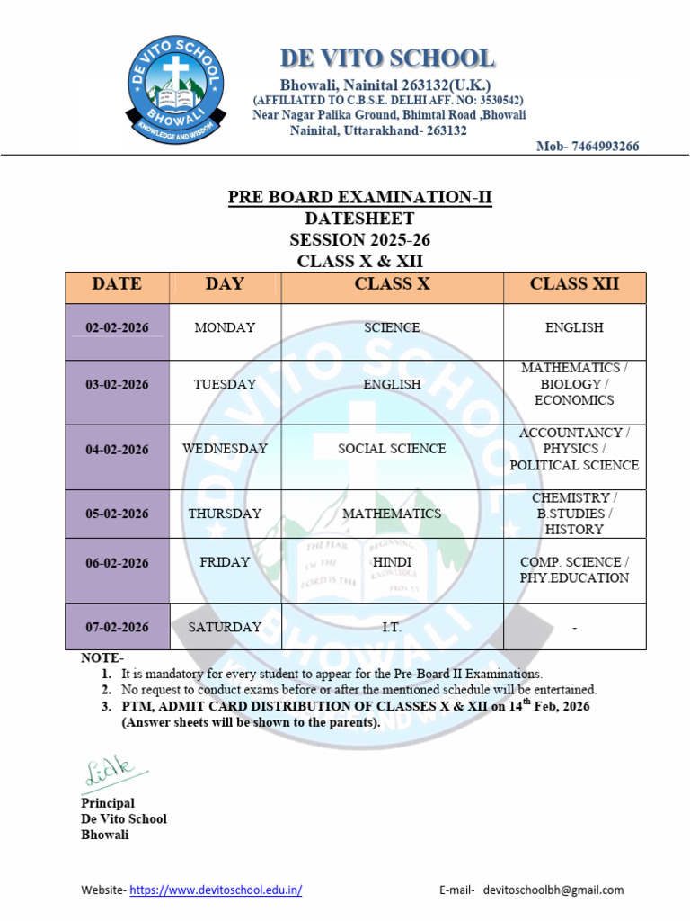 Pre Board II 2025-26 Datesheet (Classes X and Xii) | PDF