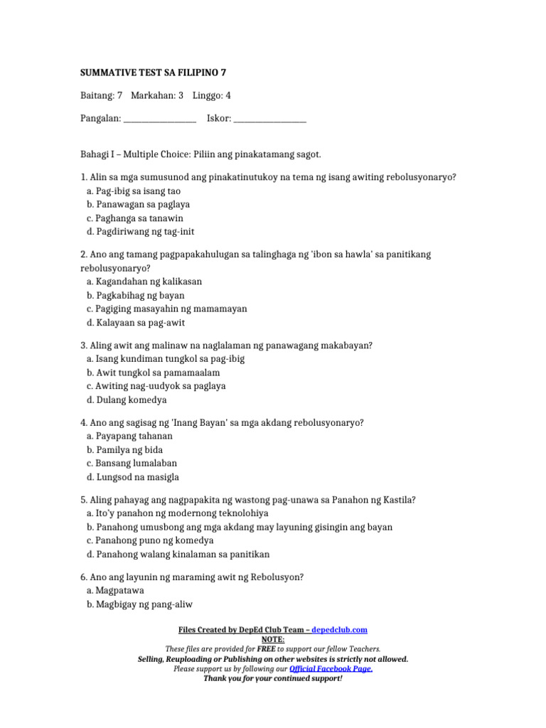 Summ - Test Filipino 7 q3 w4 | PDF