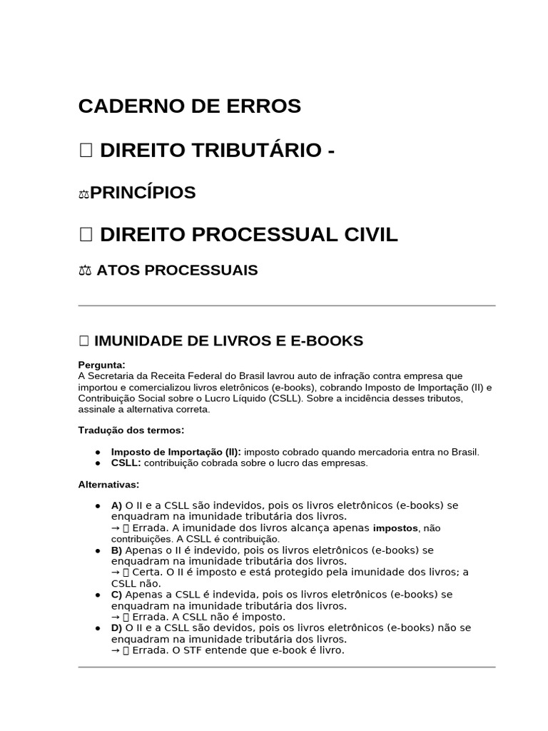 Caderno de Erros ? Direito Tributário - Princípios ? Direito Processual ...