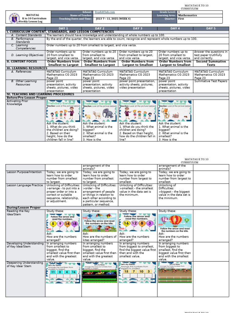 DLL Matatag Mathematics 1 q1 w4 v2 | PDF | Curriculum | Intelligence