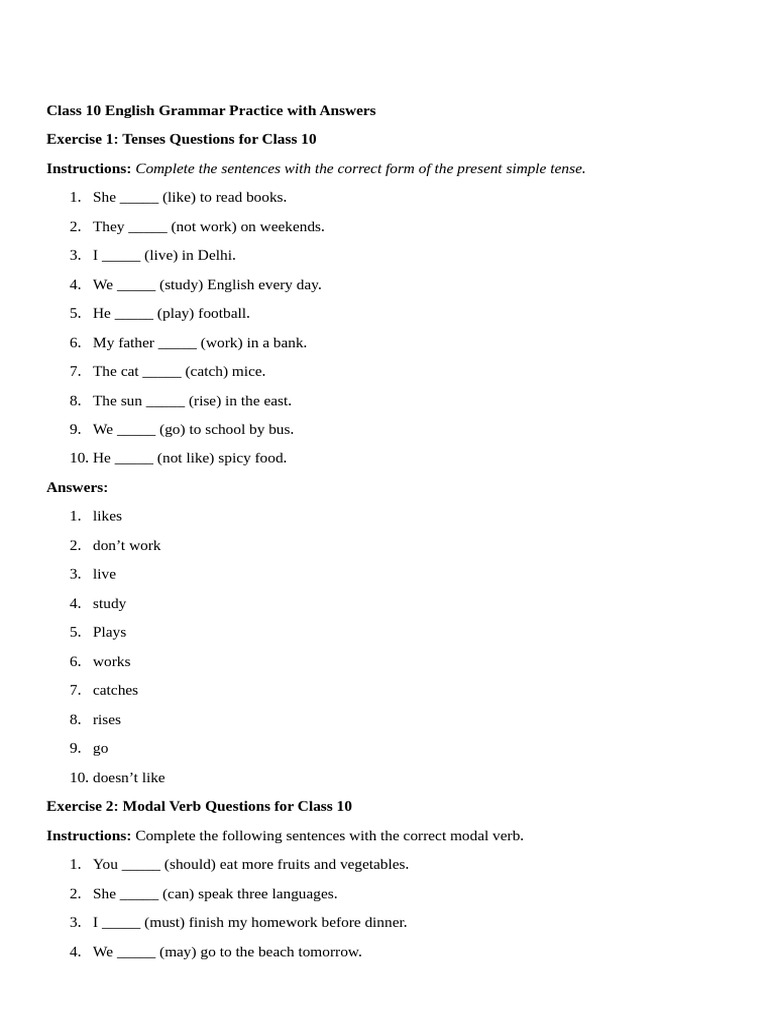 Class 10 English Grammar Practice With Answers | PDF | English Grammar ...