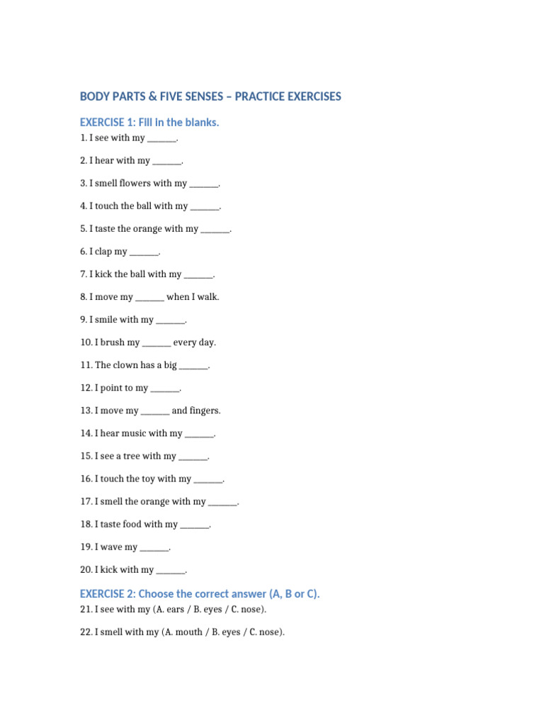 Body Parts and Five Senses Practice | PDF