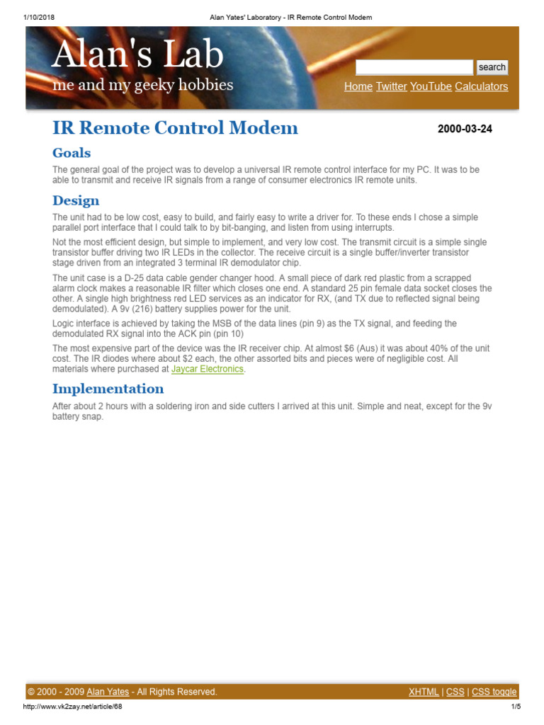 Alan Yates' Laboratory - IR Remote Control Modem | PDF | Remote Control ...