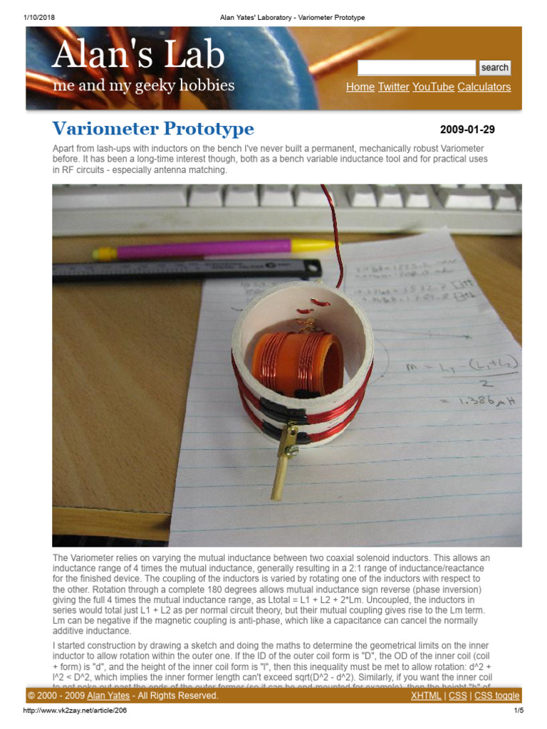 Alan Yates' Laboratory - Variometer Prototype | PDF | Inductor | Inductance