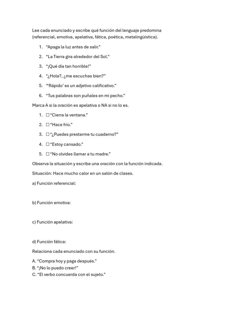 Funciones Del Lenguaje Ejercicios | PDF