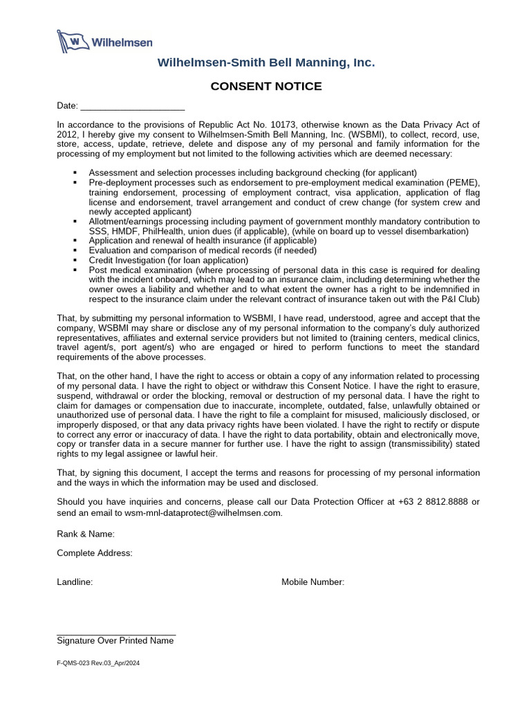 F QMS 023 Consent Notice | PDF | Insurance