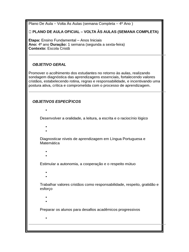 Plano de Aula - Volta Às Aulas 2026 | PDF | Aprendizado | Matemática