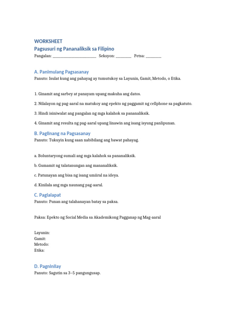 Worksheet Pagsusuri NG Pananaliksik | PDF