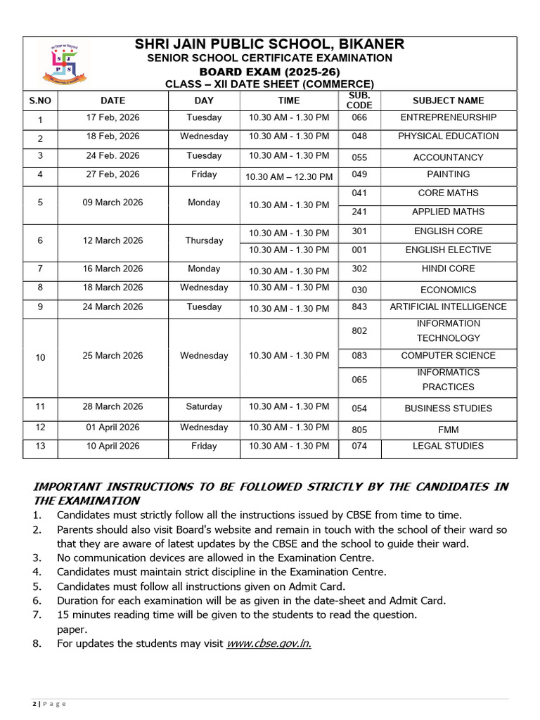 Xii Com. Cbse Board Exam Datesheet 2025-26 | PDF | Chess Theory